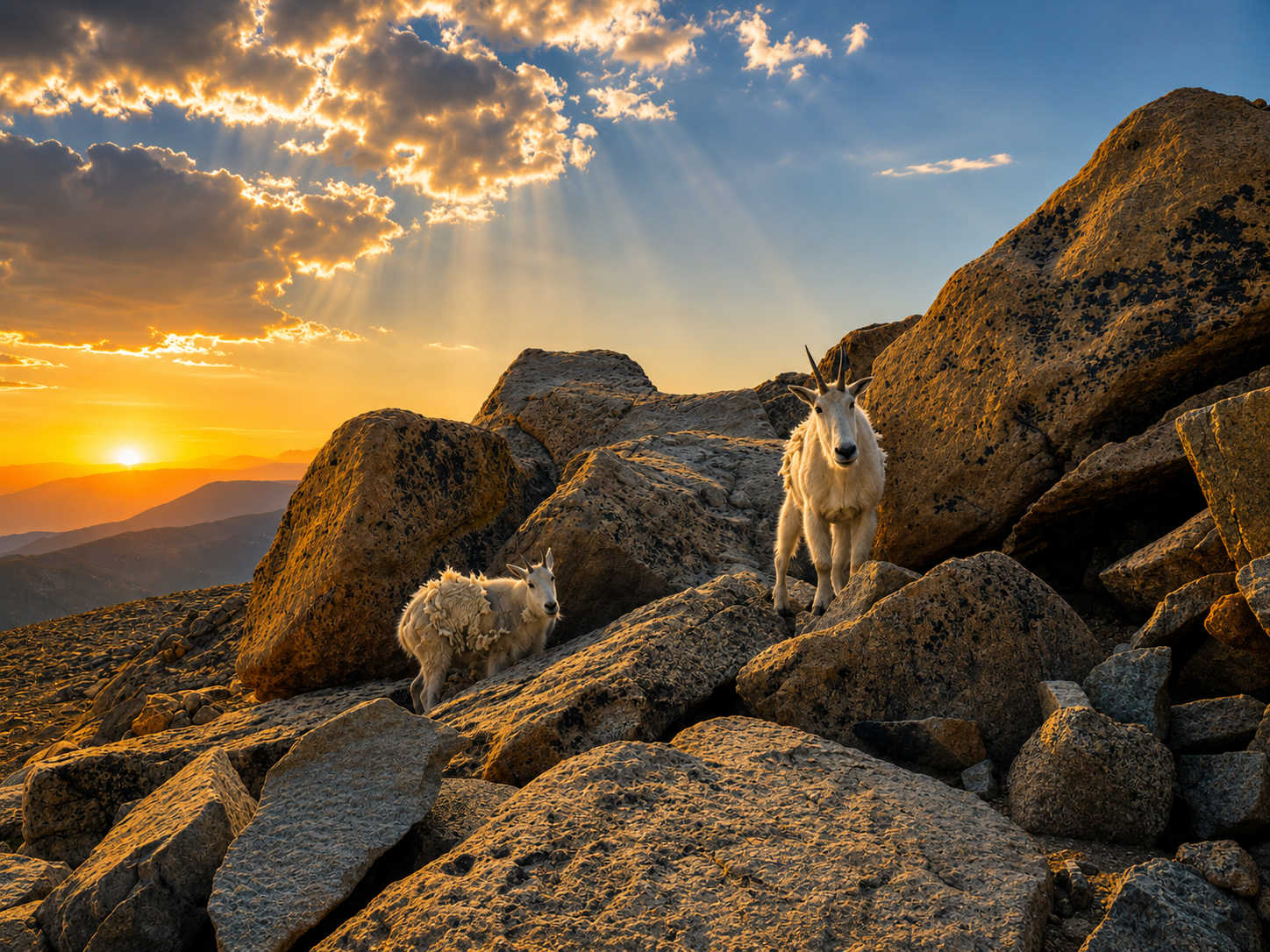 Mountain goats standing among rocks at golden hour